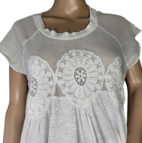 Meadow Rue Mesh Embroidered Blouse Top Short Raglan Sleeve Round Neck Modal - Picture 2 of 4